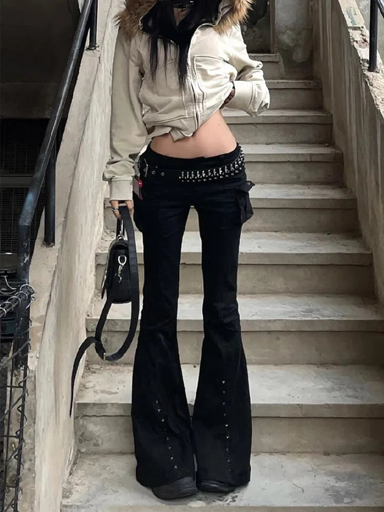 Studded Y2K Gothic Black High Waist Flare Jeans — vista posteriore