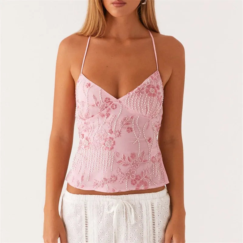 Summer Y2K Sequin Rhinestone Halter Cami Crop Top — vista frontale