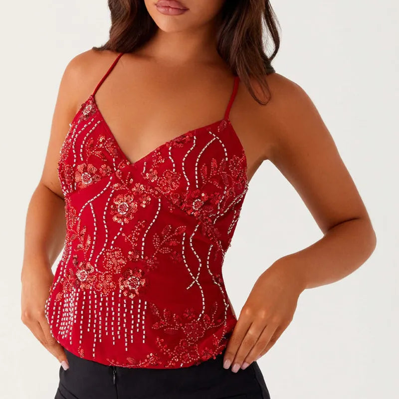 Summer Y2K Sequin Rhinestone Halter Cami Crop Top — in alternativa