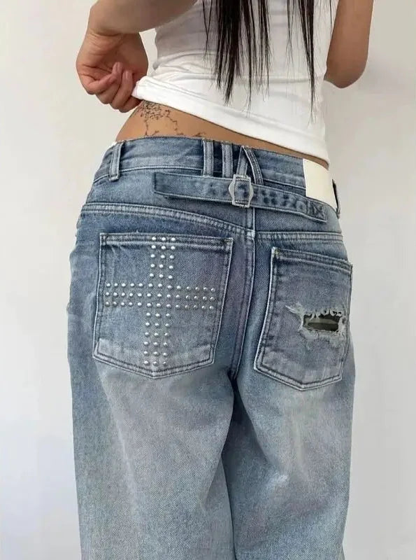 Summer Y2K Washed Distressed Baggy Rhinestone Jeans — vista frontale