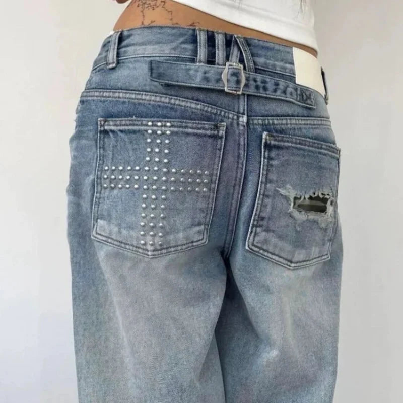 Summer Y2K Washed Distressed Baggy Rhinestone Jeans — vista posteriore