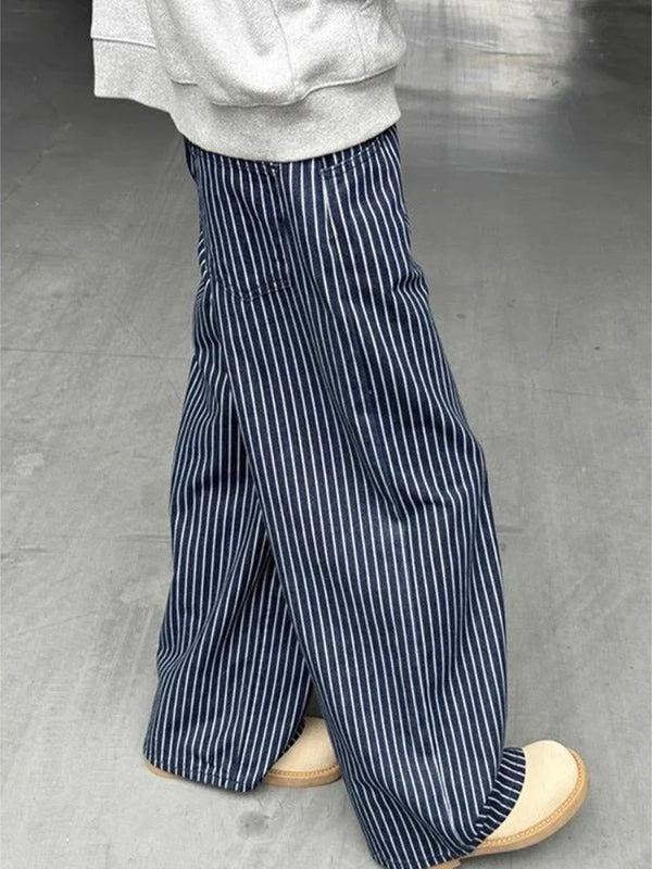 Vintage Blue Striped Y2K Baggy Jeans — vista frontale