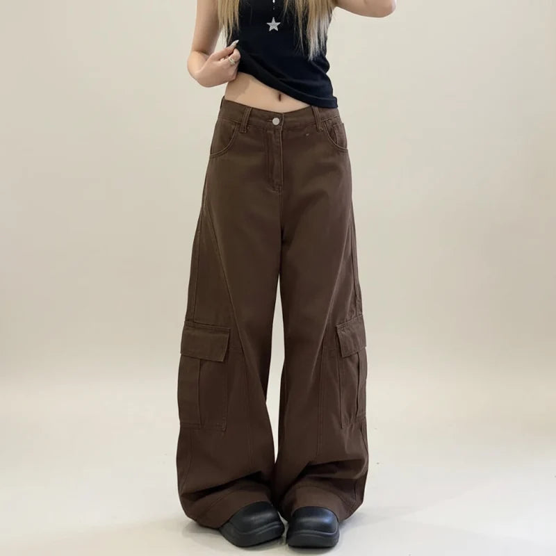 Vintage Brown Y2K Wide Leg Cargo Jeans — vista frontale