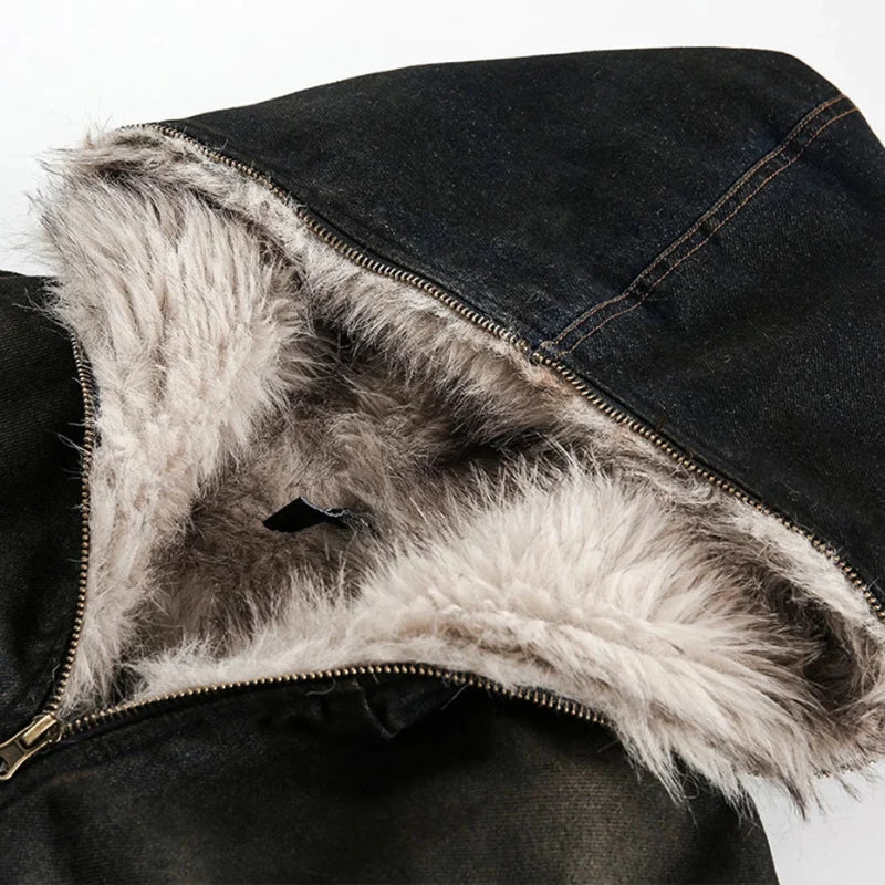 Vintage Denim Y2K Faux Fur Parka Padded Jacket Coat — dettaglio del tessuto