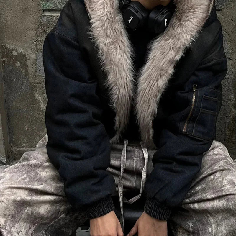 Vintage Denim Y2K Faux Fur Parka Padded Jacket Coat — dettaglio della stampa