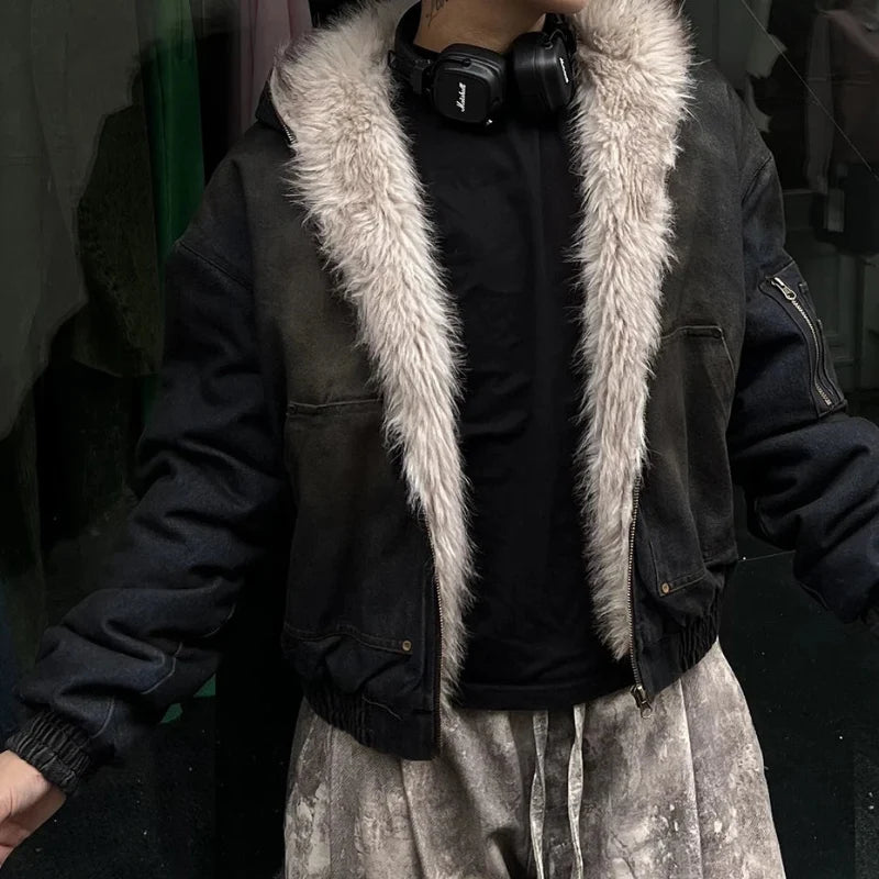 Vintage Denim Y2K Faux Fur Parka Padded Jacket Coat — dettaglio