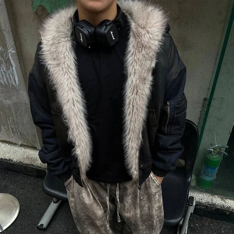 Vintage Denim Y2K Faux Fur Parka Padded Jacket Coat — vista posteriore