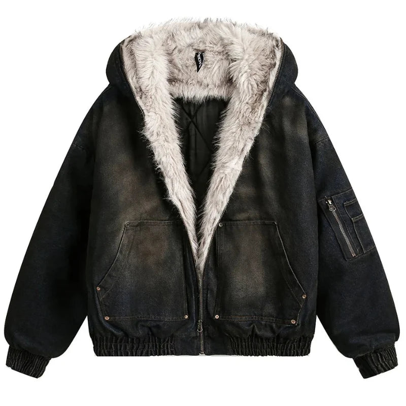 Vintage Denim Y2K Faux Fur Parka Padded Jacket Coat — vista frontale