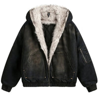 Vintage Denim Y2K Faux Fur Parka Padded Jacket Coat — vista frontale