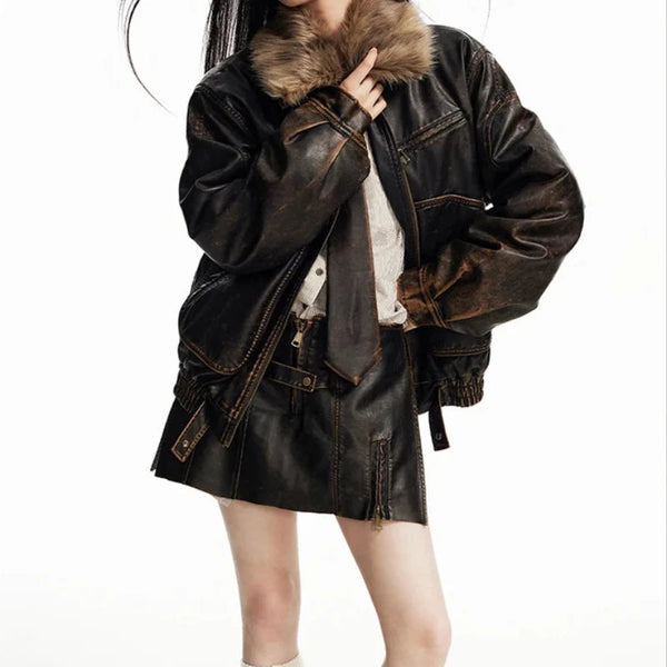 Vintage Distressed Y2K Brown Faux Leather and Fur Jacket