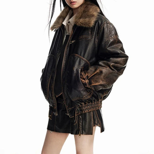 Vintage Distressed Y2K Brown Faux Leather and Fur Jacket — vista frontale