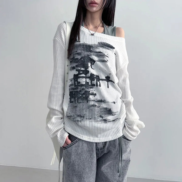 Vintage Print Graphic Y2K Long Sleeve Top — vista frontale