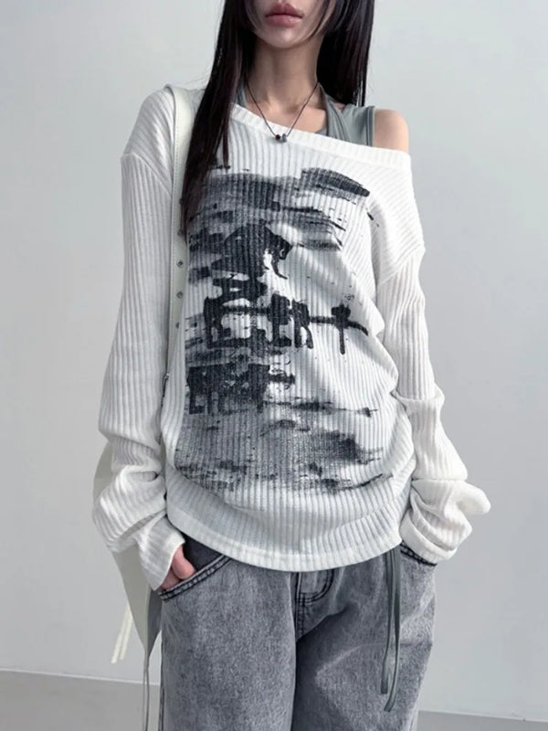 Vintage Print Graphic Y2K Long Sleeve Top