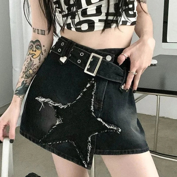 Vintage Star Y2K High Waist Denim Mini Skirt — vista frontale