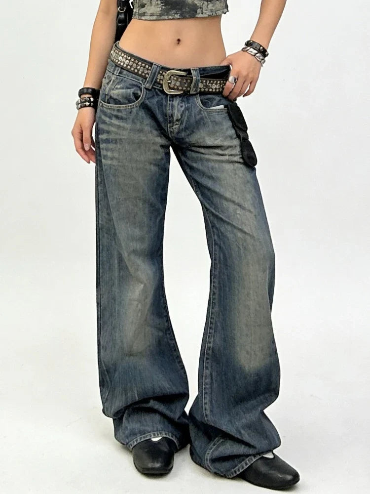 Vintage Womens Y2K Wide Leg Washed Low Waist Denim Jeans — dettaglio