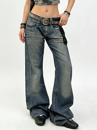 Vintage Womens Y2K Wide Leg Washed Low Waist Denim Jeans — dettaglio