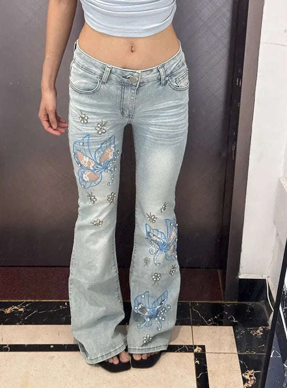 Vintage Y2K Butterfly Embroidered Low Waist Jeans — dettaglio