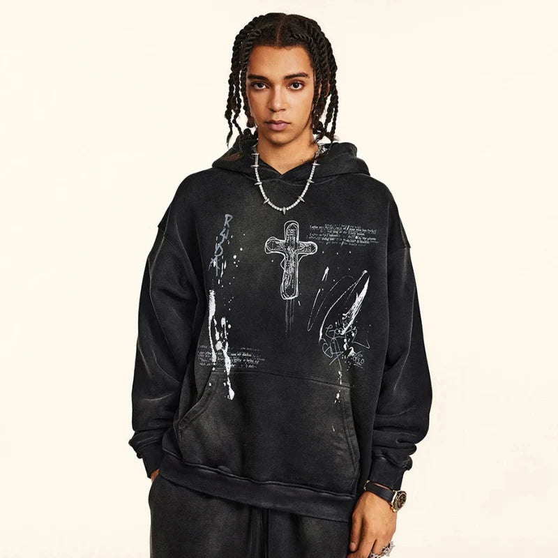 Vintage Y2K Cross Graphic Distressed Baggy Hoodie — dettaglio