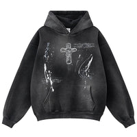 Vintage Y2K Cross Graphic Distressed Baggy Hoodie — vista frontale