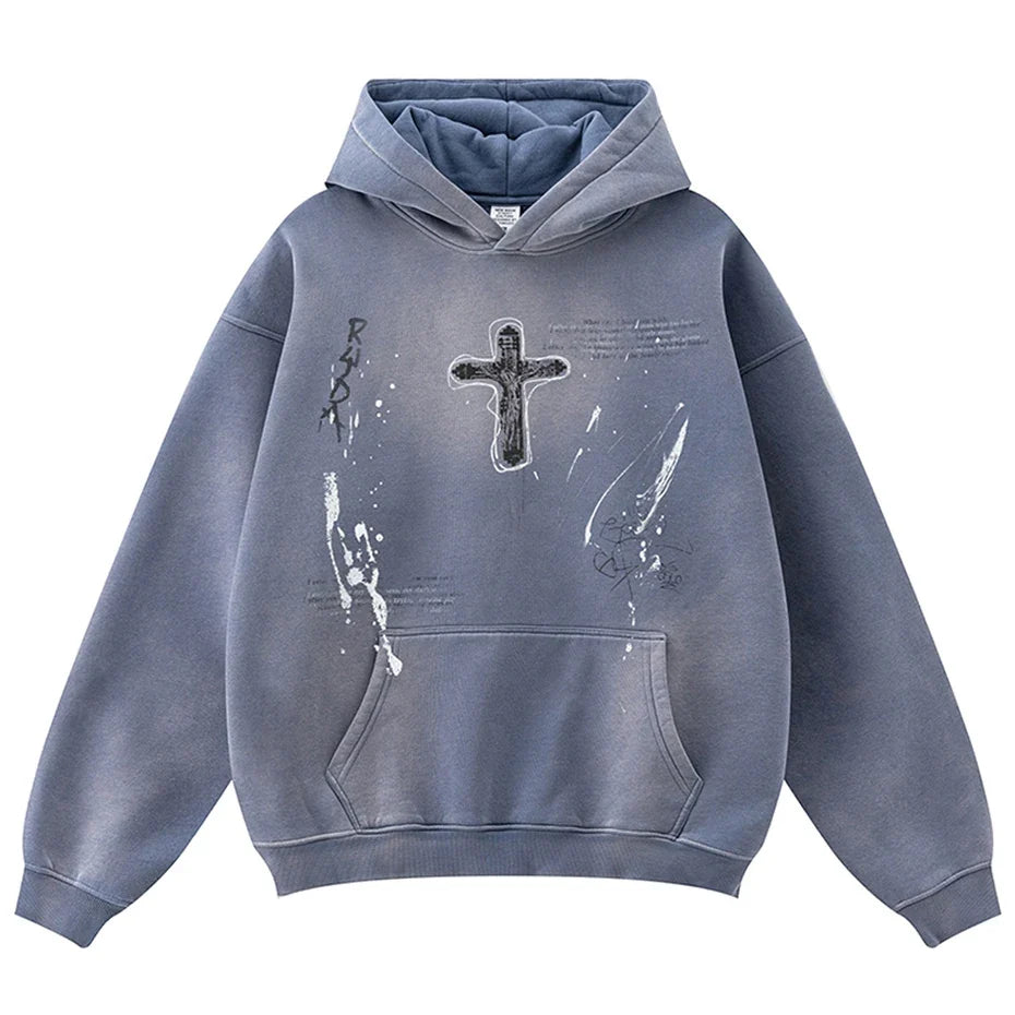 Vintage Y2K Cross Graphic Distressed Baggy Hoodie — vista posteriore