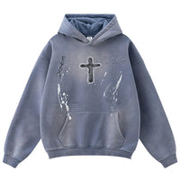 Vintage Y2K Cross Graphic Distressed Baggy Hoodie — vista posteriore
