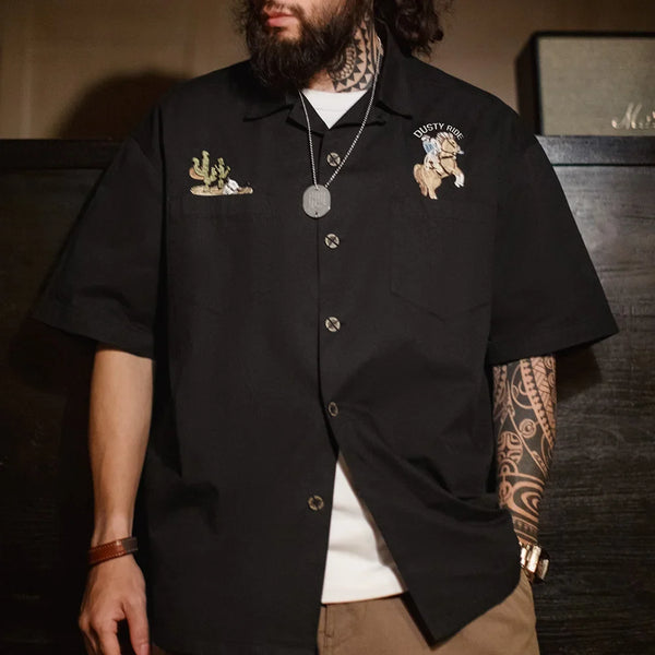 Vintage Y2K Embroidered Cuban Collar Short Sleeve Work Shirt — vista frontale