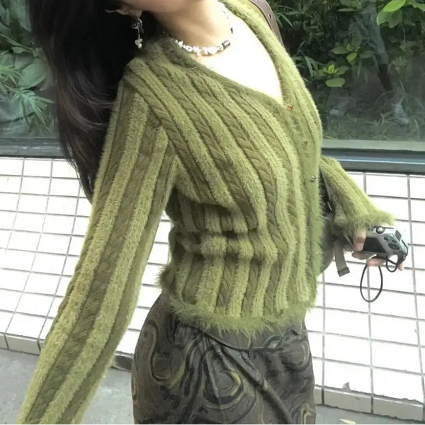 Vintage Y2K Green Striped Crop V Neck Cardigan — vista frontale