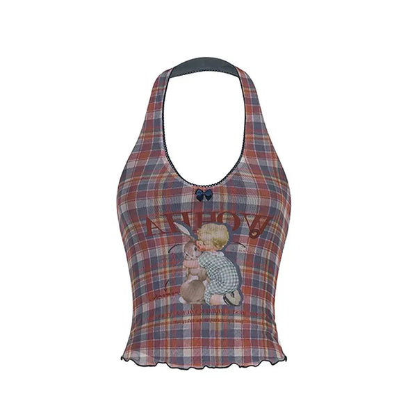 Vintage Y2K Mesh Plaid Halter Top — vista frontale