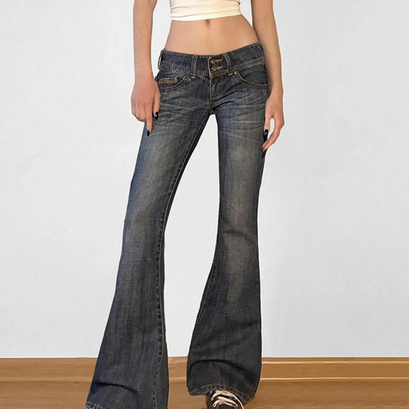 Vintage Y2K Retro Button Up Low Rise Denim Flared Jeans — dettaglio
