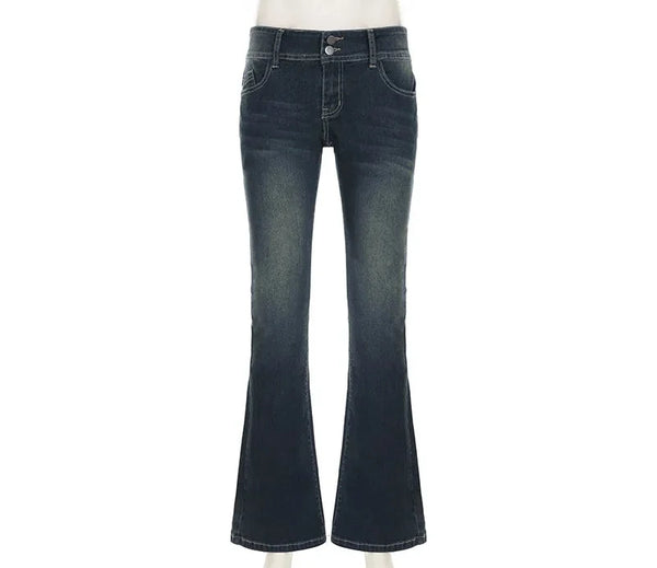 Vintage Y2K Retro Button Up Low Rise Denim Flared Jeans — vista frontale
