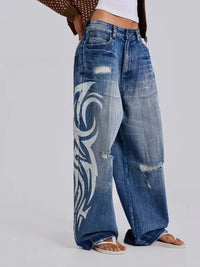 Vintage Y2K Ripped Tribal Graphic Baggy Jeans — vista posteriore