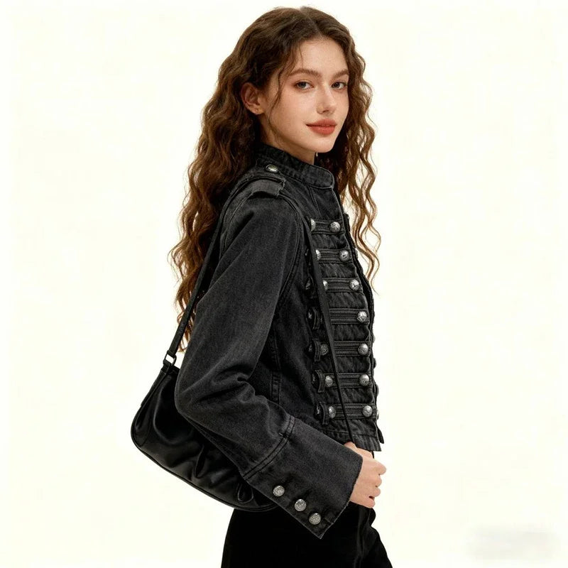 Vintage Y2K Slim Fit Crop Denim Coat Jacket — vista laterale