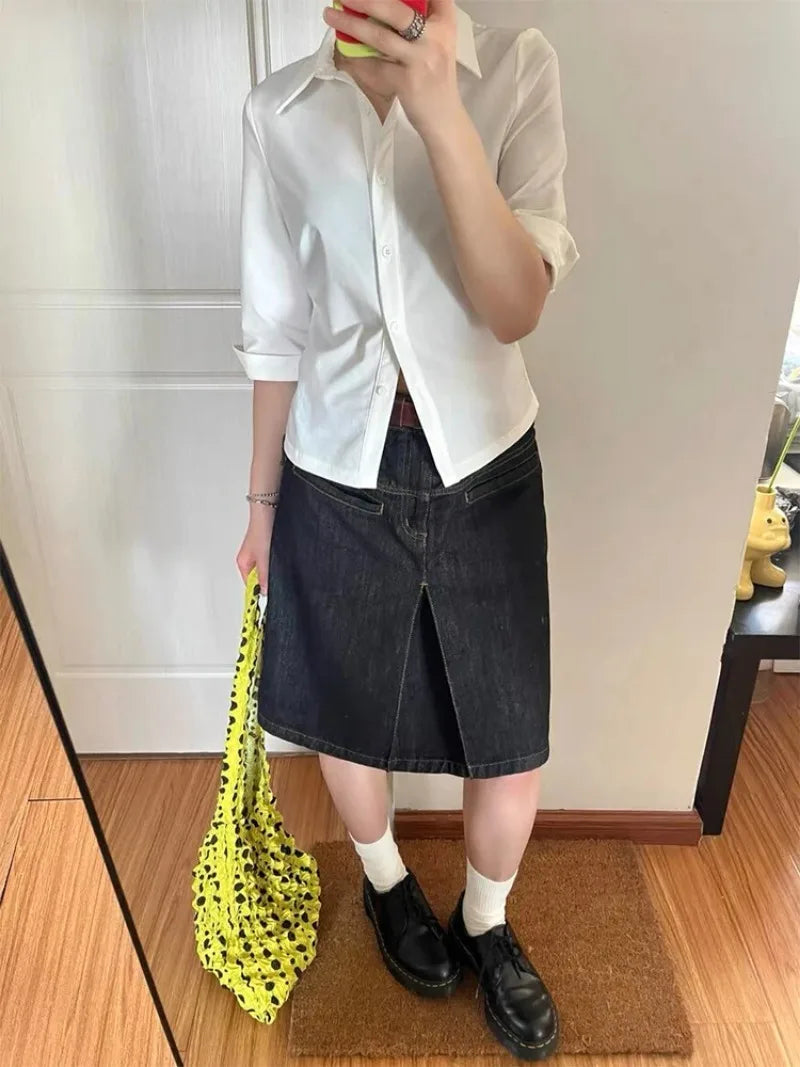 Vintage Y2K Slim Fit Denim Midi Skirt — vista frontale