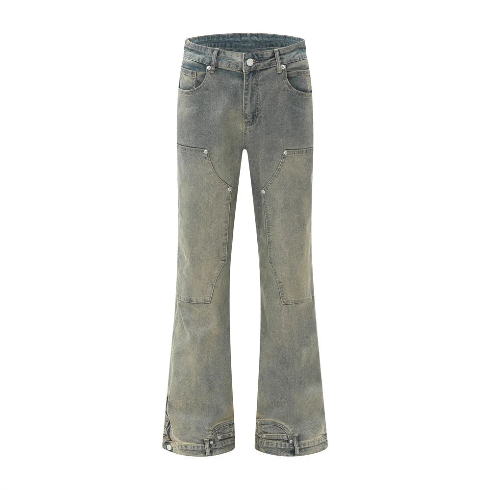 Washed Y2K Double Knee Denim Flared Carpenter Jeans — vista frontale
