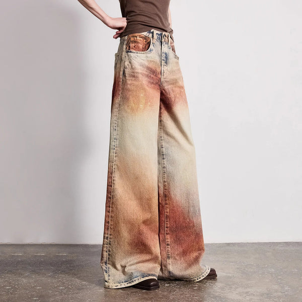 Wasteland Style Y2K Mid Waist Baggy Printed Jeans