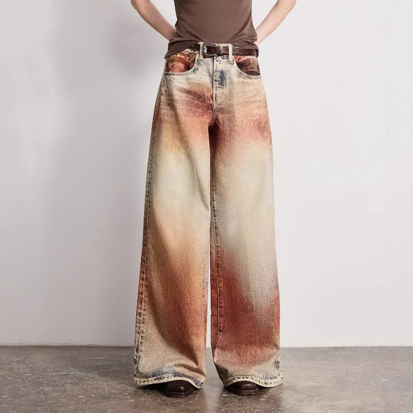 Wasteland Style Y2K Mid Waist Baggy Printed Jeans — vista frontale
