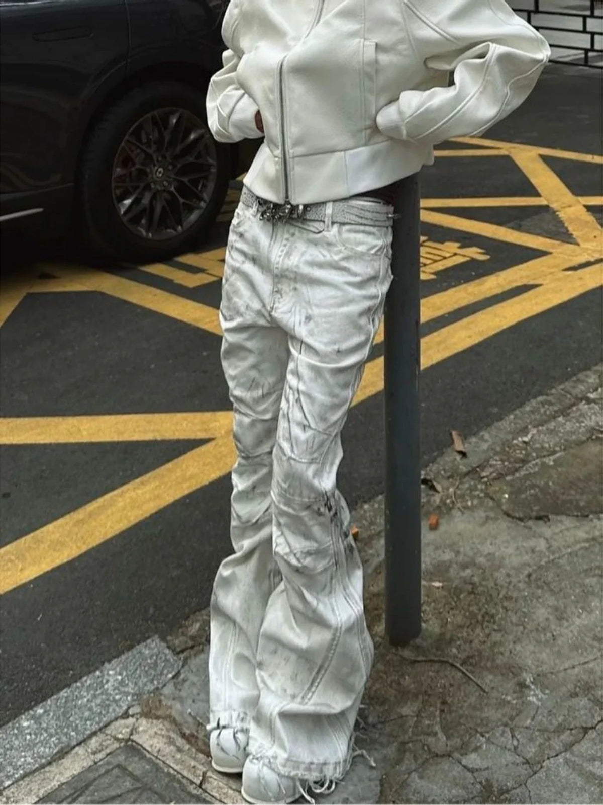 White Y2K Street Style Tie Dye Flared Jeans — dettaglio