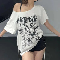White Y2K Vintage Oversize Butterly Graphic Off Shoulder Top — vista posteriore
