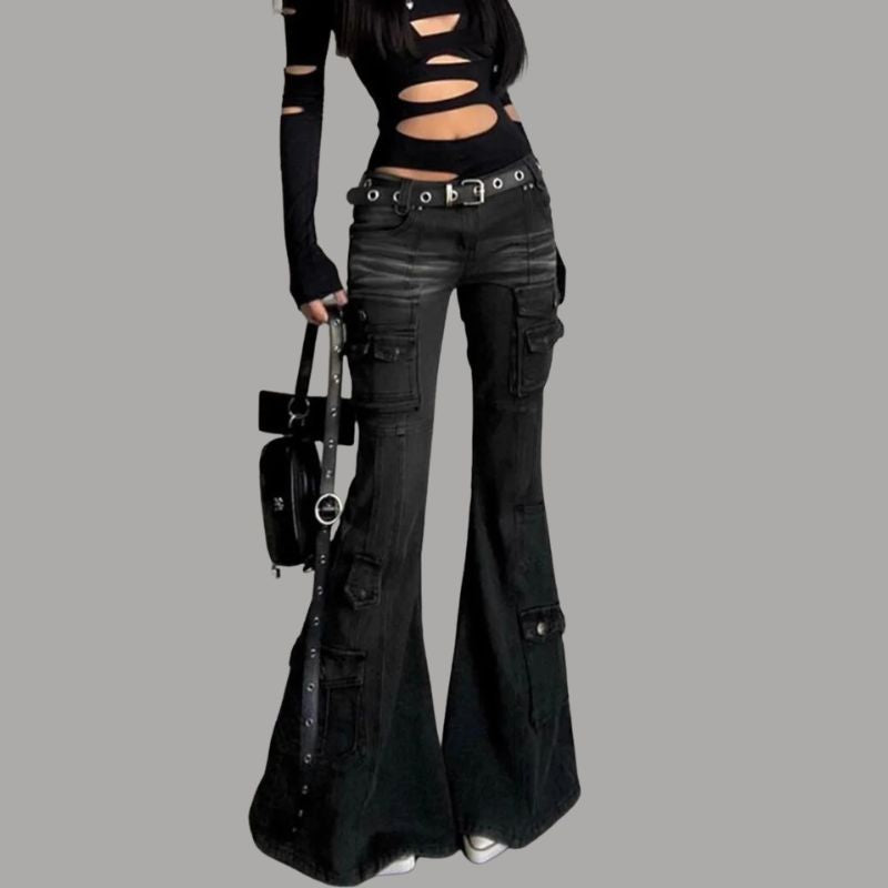 Womens Gothic Y2K Low Waist Cargo Flare Denim Jeans — vista posteriore