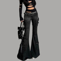 Womens Gothic Y2K Low Waist Cargo Flare Denim Jeans — vista posteriore