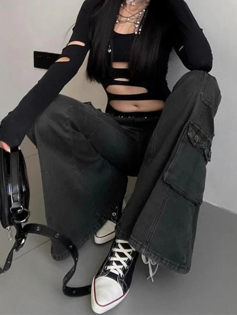 Womens Gothic Y2K Low Waist Cargo Flare Denim Jeans — dettaglio