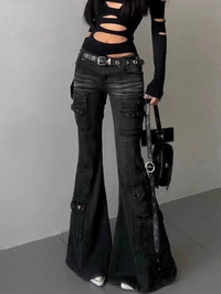 Womens Gothic Y2K Low Waist Cargo Flare Denim Jeans — vista frontale