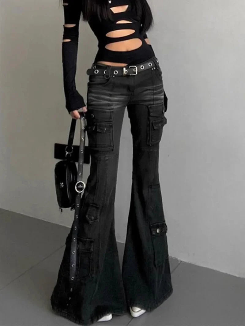 Womens Gothic Y2K Low Waist Cargo Flare Denim Jeans — vista laterale