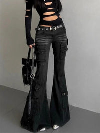 Womens Gothic Y2K Low Waist Cargo Flare Denim Jeans — vista laterale