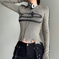Womens Long Sleeve Ripped Stitched Y2K Top — dettaglio