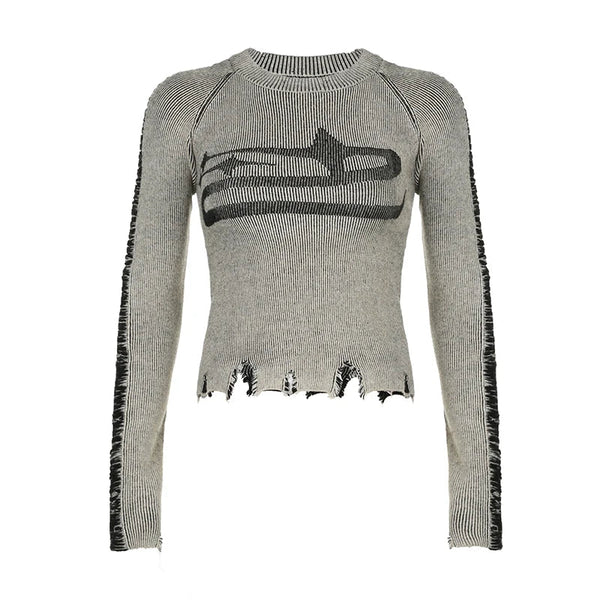 Womens Long Sleeve Ripped Stitched Y2K Top — vista frontale