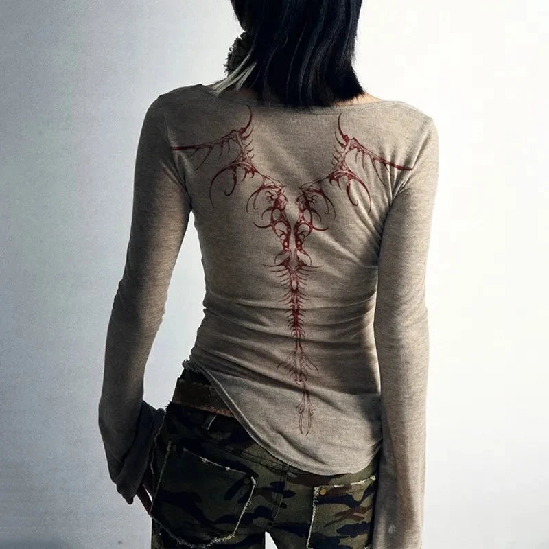 Womens Spinal Print Y2K Bell Long Sleeve Top — dettaglio