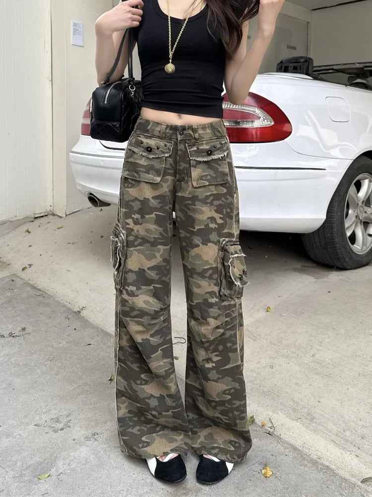 Womens Streetwear Y2K Camouflage Baggy Cargo Jeans — dettaglio
