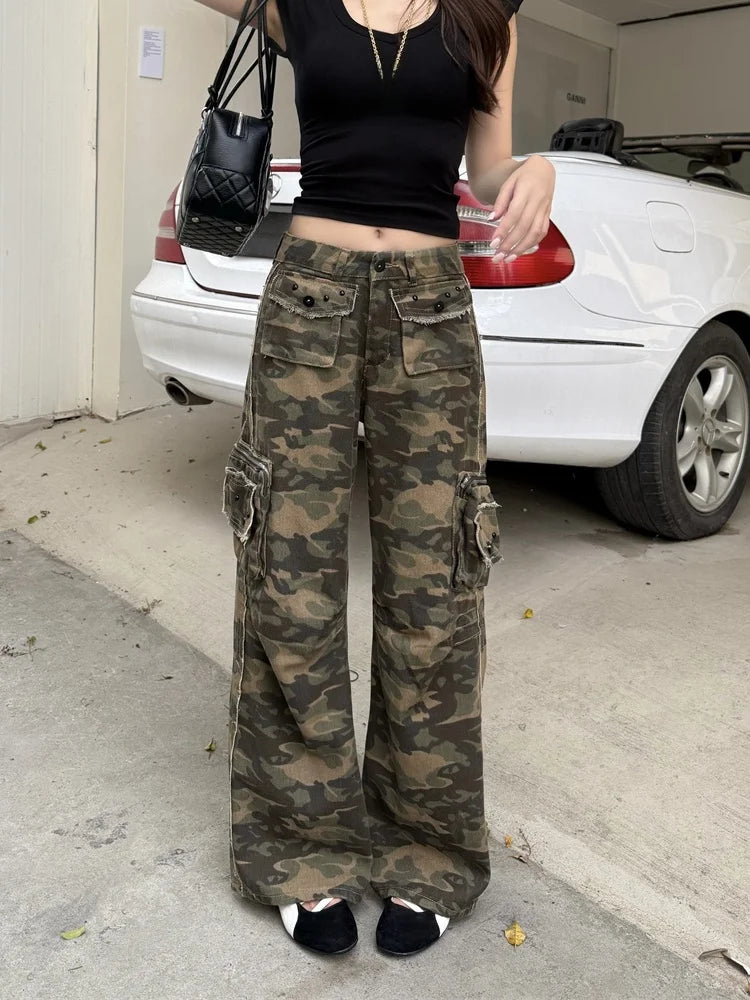 Womens Streetwear Y2K Camouflage Baggy Cargo Jeans — dettaglio della stampa