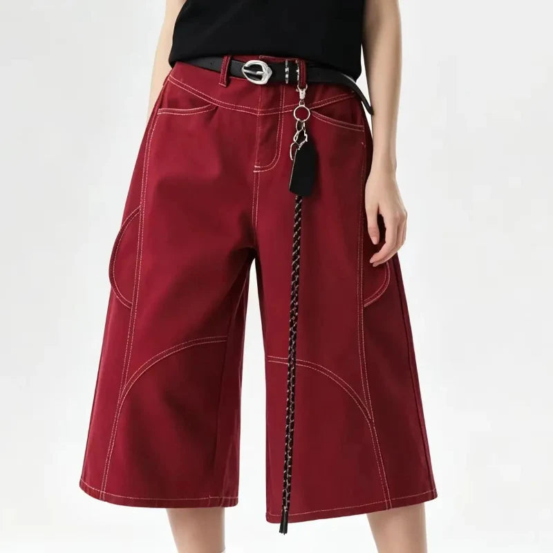 Women's Wine Red Y2K Baggy Wide Leg Denim Shorts Jorts — vista posteriore